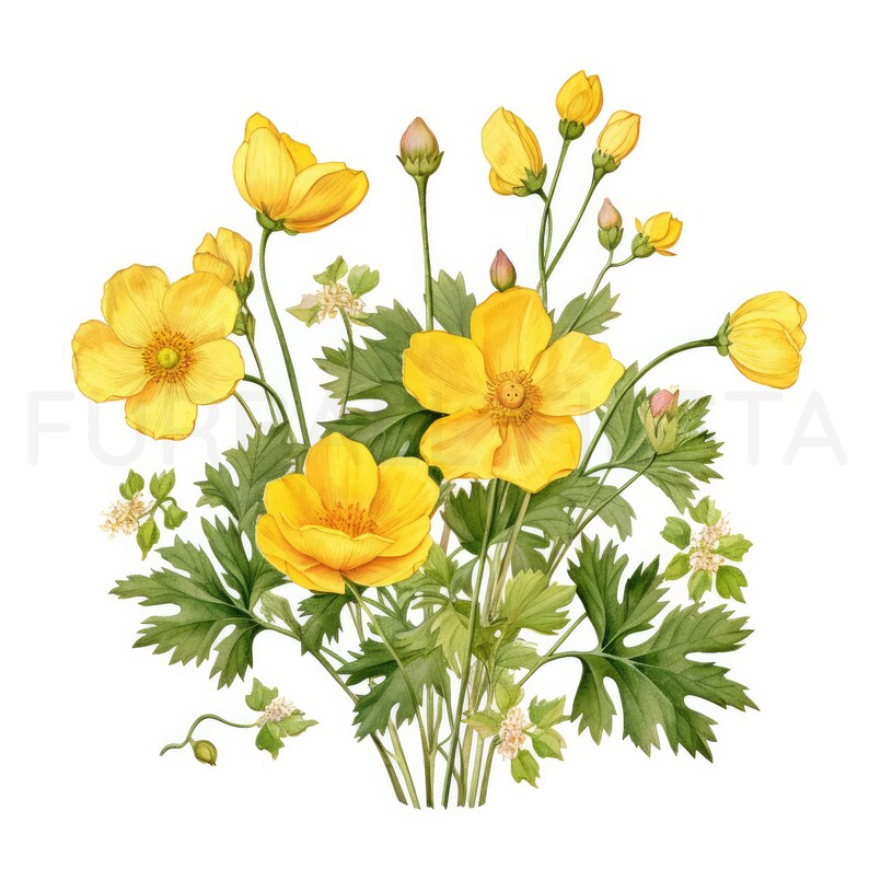 Buttercup Printable Flower Art, 10 High Quality Jpgs, Watercolor Flower ...