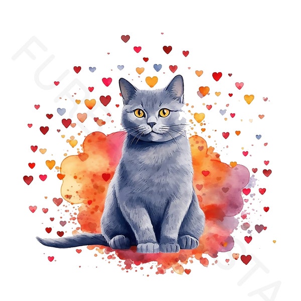 Chartreux Cat Watercolor Clipart - 24 High Quality JPGs - Wall Art, Card Making, Cat Cards, Commercial Use - Digital Download