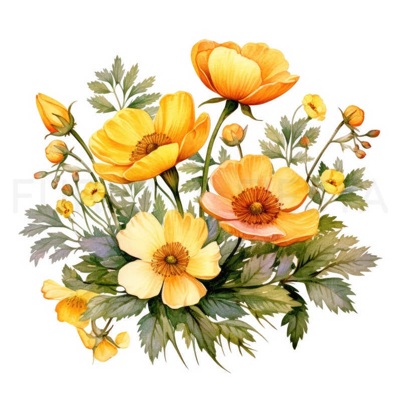 Buttercup Printable Flower Art, 10 High Quality Jpgs, Watercolor Flower ...