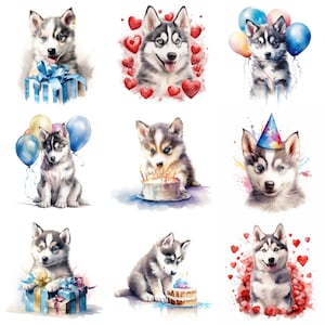 Siberian Husky Puppy Clipart, 16 High-Quality JPGs, Watercolor, Printable Dog Art, Birthday, Card Making, Commercial Use, Digital Download