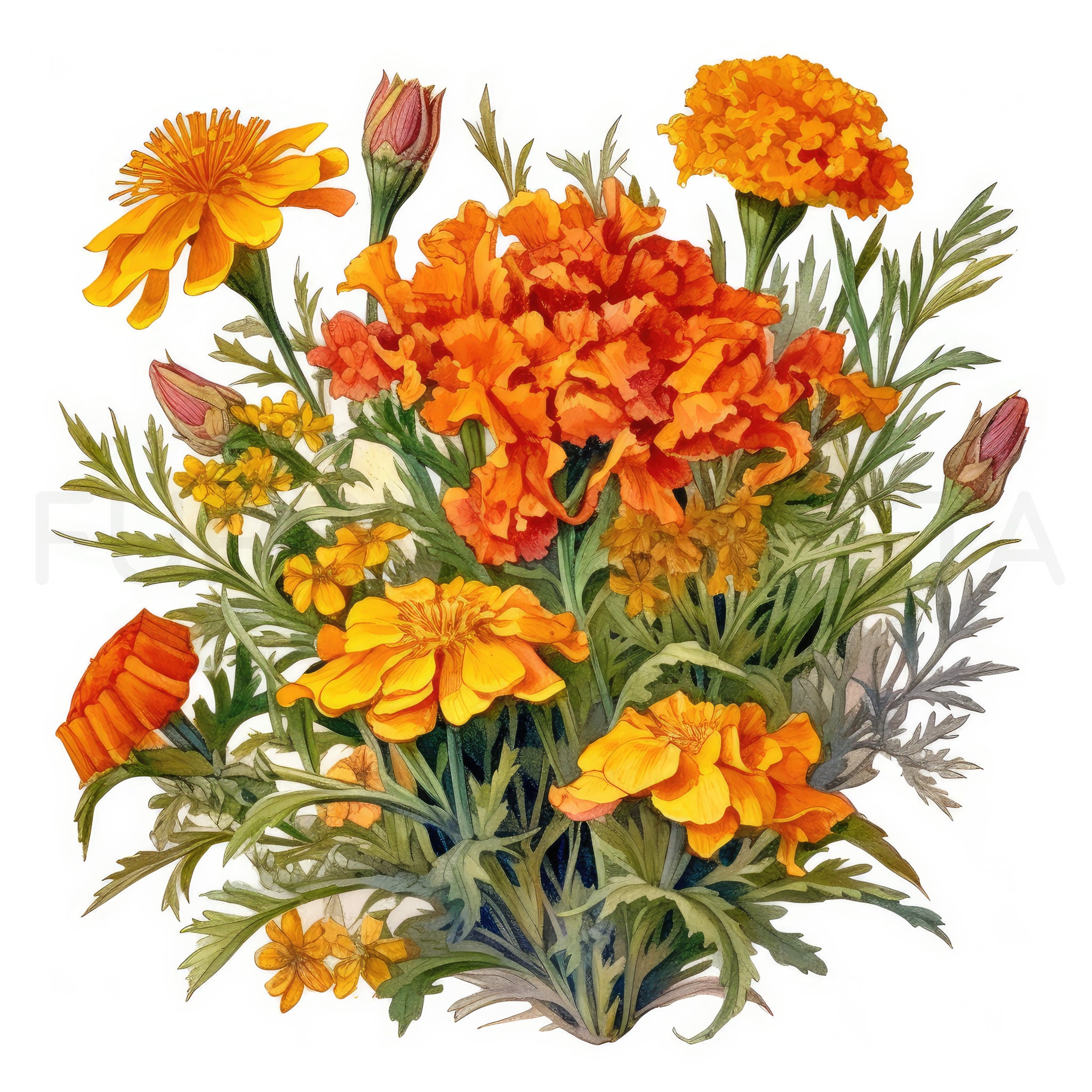 Marigold Printable Flower Art, 10 High Quality Jpgs, Watercolor Flower ...