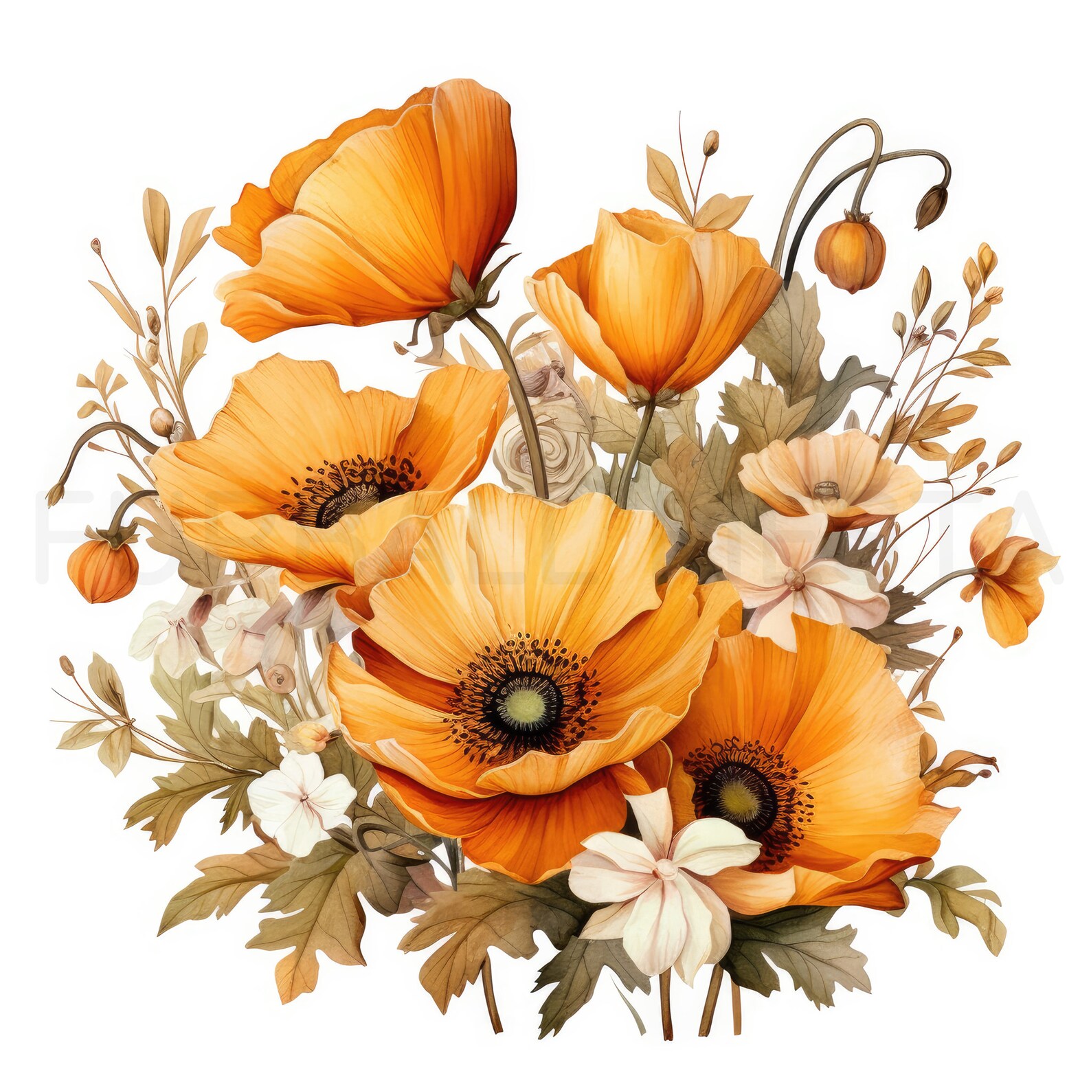 Poppy Printable Flower Art Set 2, 10 High Quality Jpgs, Watercolor ...