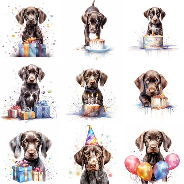 Clipart del cucciolo di puntatore tedesco a pelo corto, 16 JPG di alta qualità, acquerello, arte del cane stampabile, compleanno, creazione di cartoline, download digitale