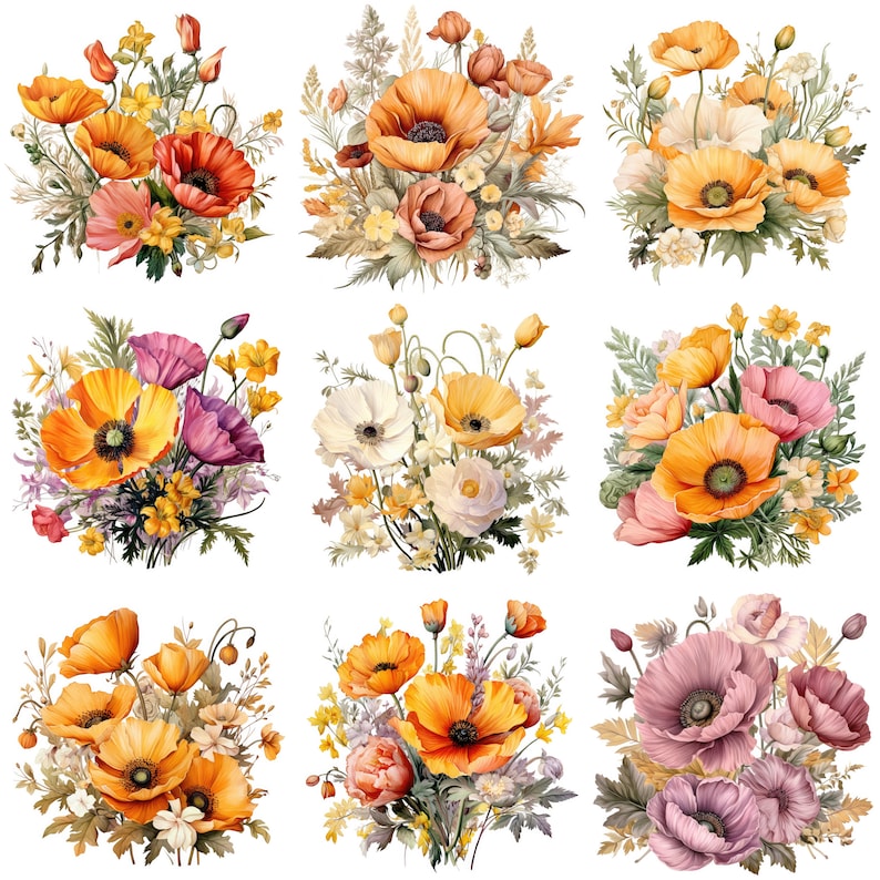 Poppy Printable Flower Art Set 2, 10 High Quality Jpgs, Watercolor ...