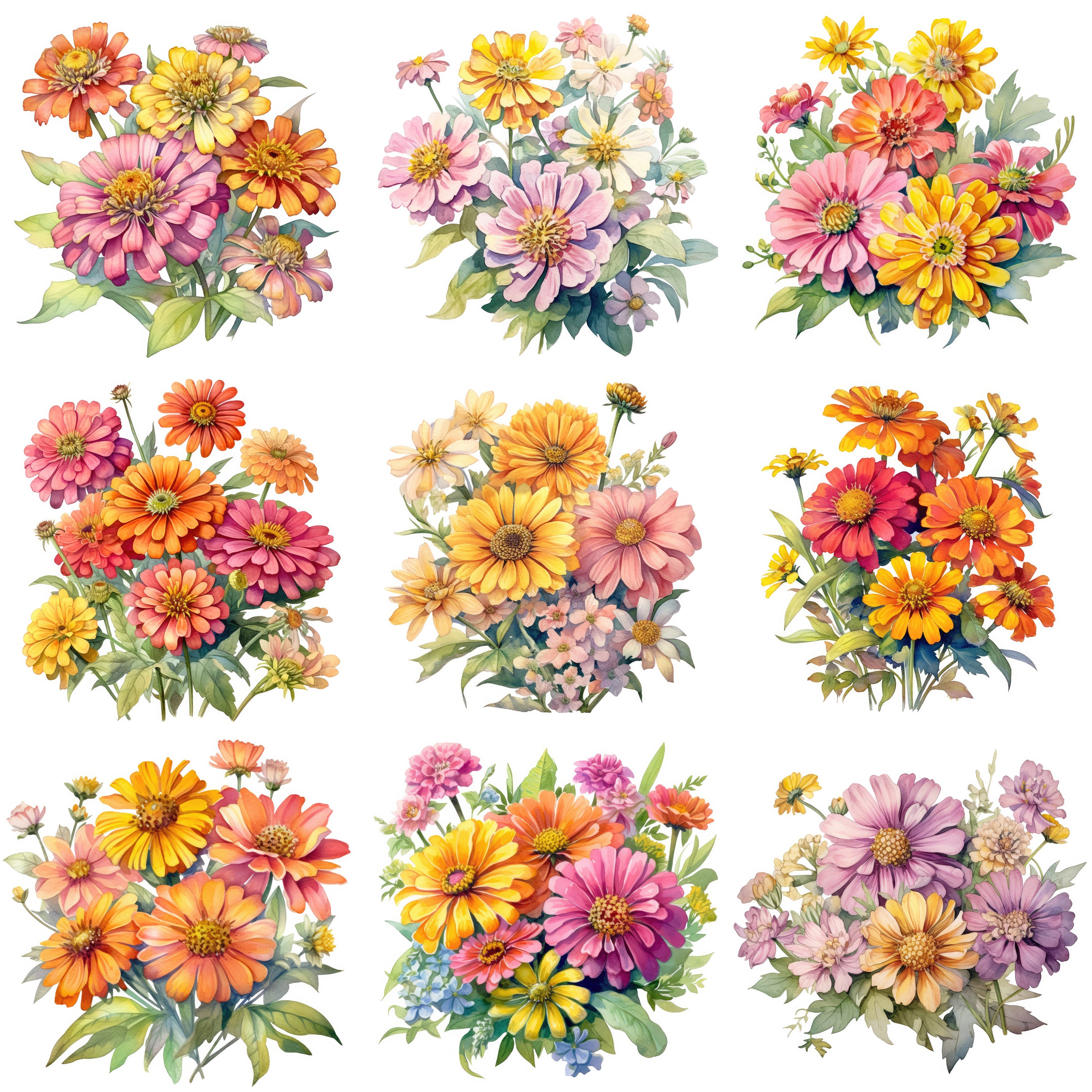 Zinnia Printable Flower Art Set 2, 10 High Quality Jpgs, Watercolor ...