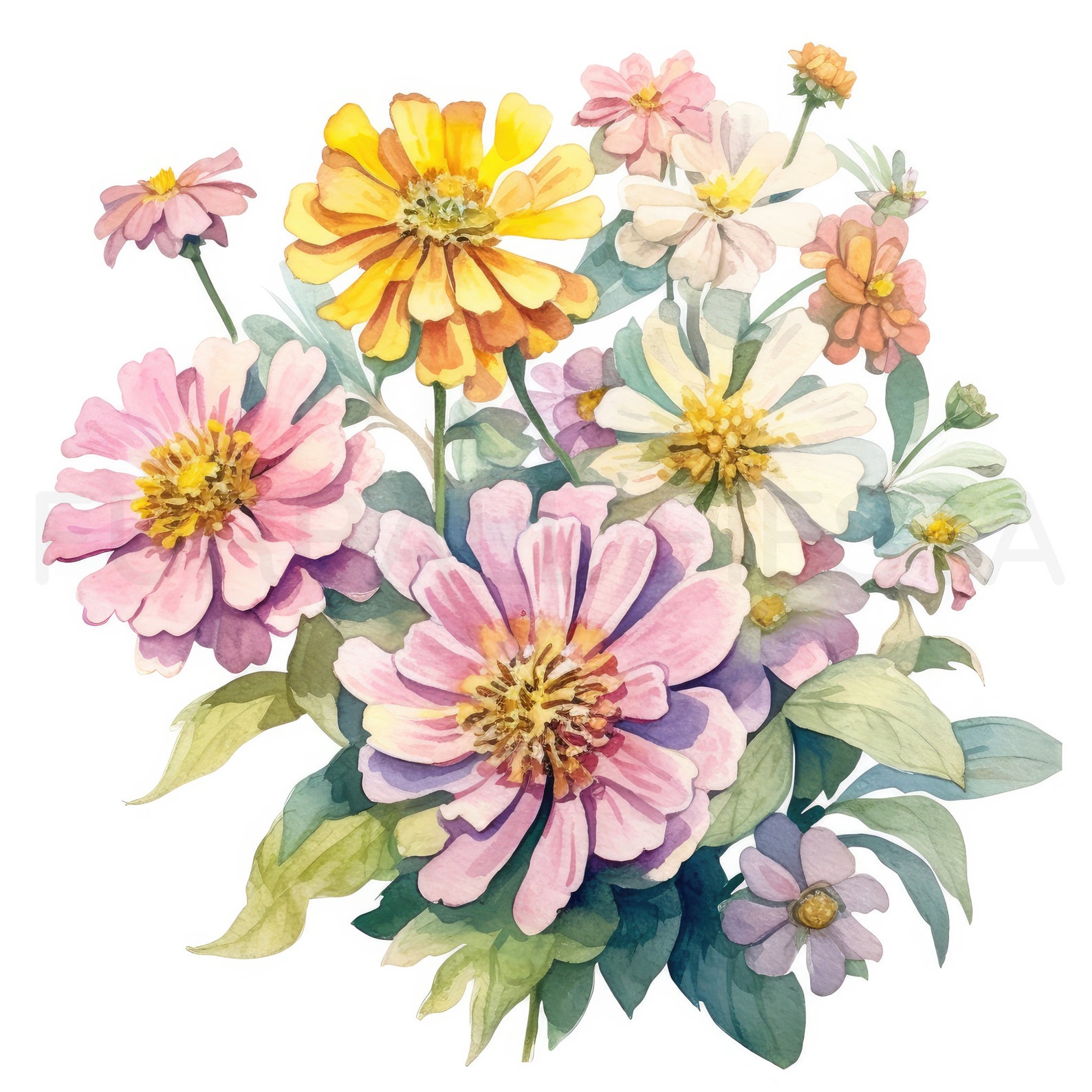 Zinnia Printable Flower Art Set 2, 10 High Quality Jpgs, Watercolor ...