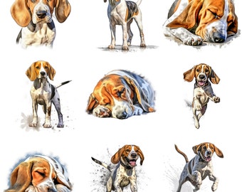 American Foxhound Welpen Aquarell Clipart Bundle, 14 hochwertige JPG, PNG, druckbare Hundekunst, Hundeporträt, Wandkunst, kommerzielle Nutzung