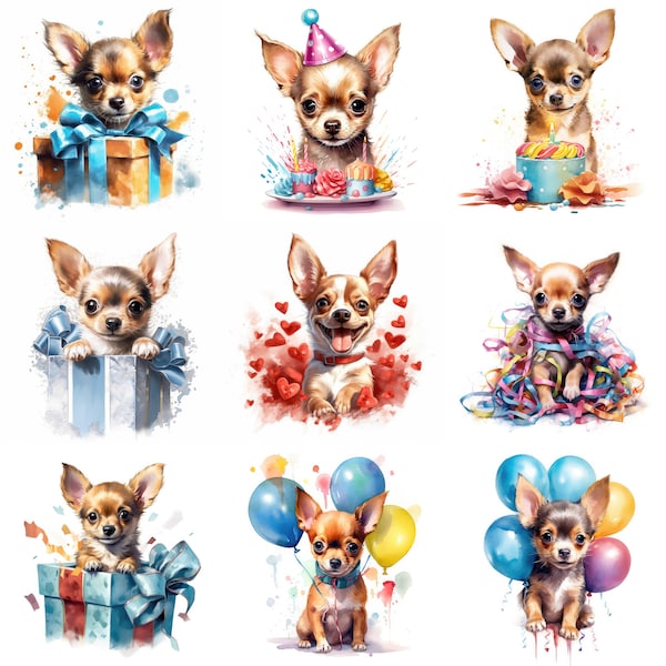 Clipart chiot chihuahua, 16 fichiers JPG de haute qualité, aquarelle, imprimable, anniversaire, fabrication de cartes, usage commercial, téléchargement numérique