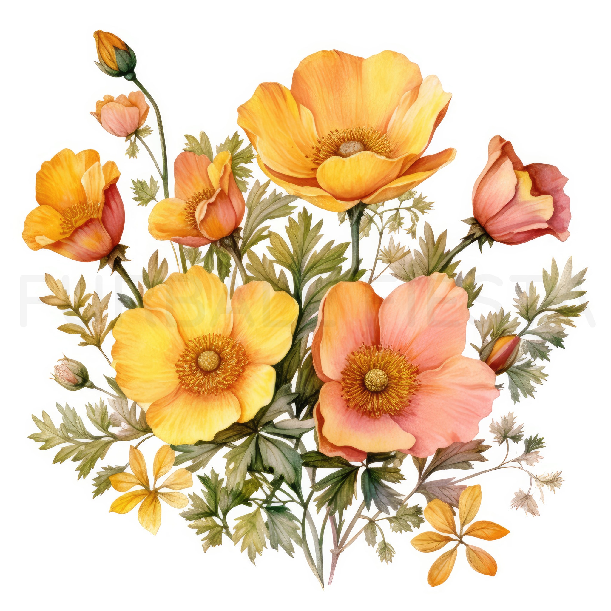 Buttercup Printable Flower Art Set 2, 10 High Quality Jpgs, Watercolor ...