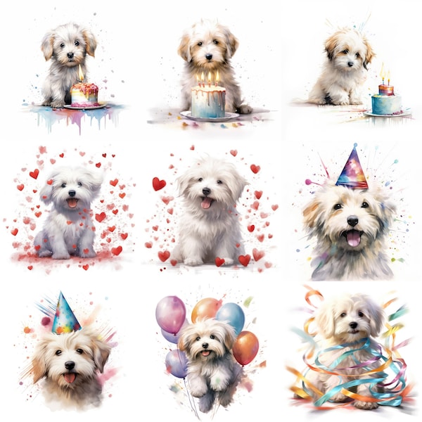 Coton de Tulear Puppy Clipart, 16 High-Quality JPGs, Watercolor, Printable, Birthday, Card Making, Commercial Use, Digital Download