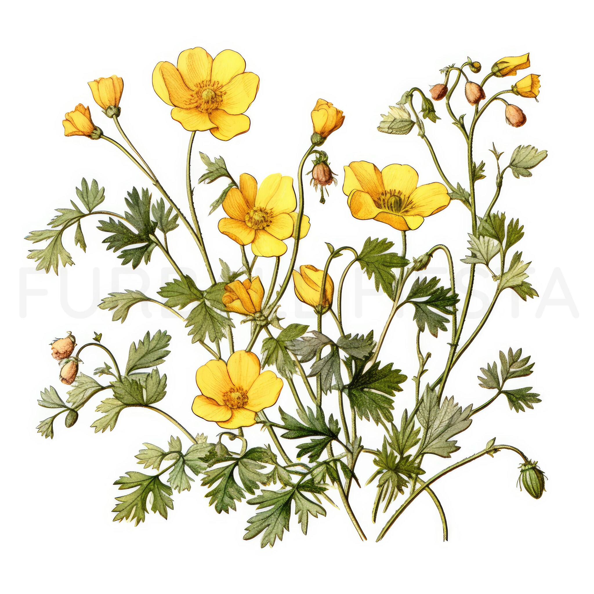 Buttercup Printable Flower Art Set 2, 10 High Quality Jpgs, Watercolor ...
