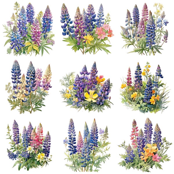 Lupine Printable Flower Art, 10 High Quality JPGs, Watercolor Flower Print, Floral Clipart, Flower Wall Art, Wedding Clipart, Commercial Use