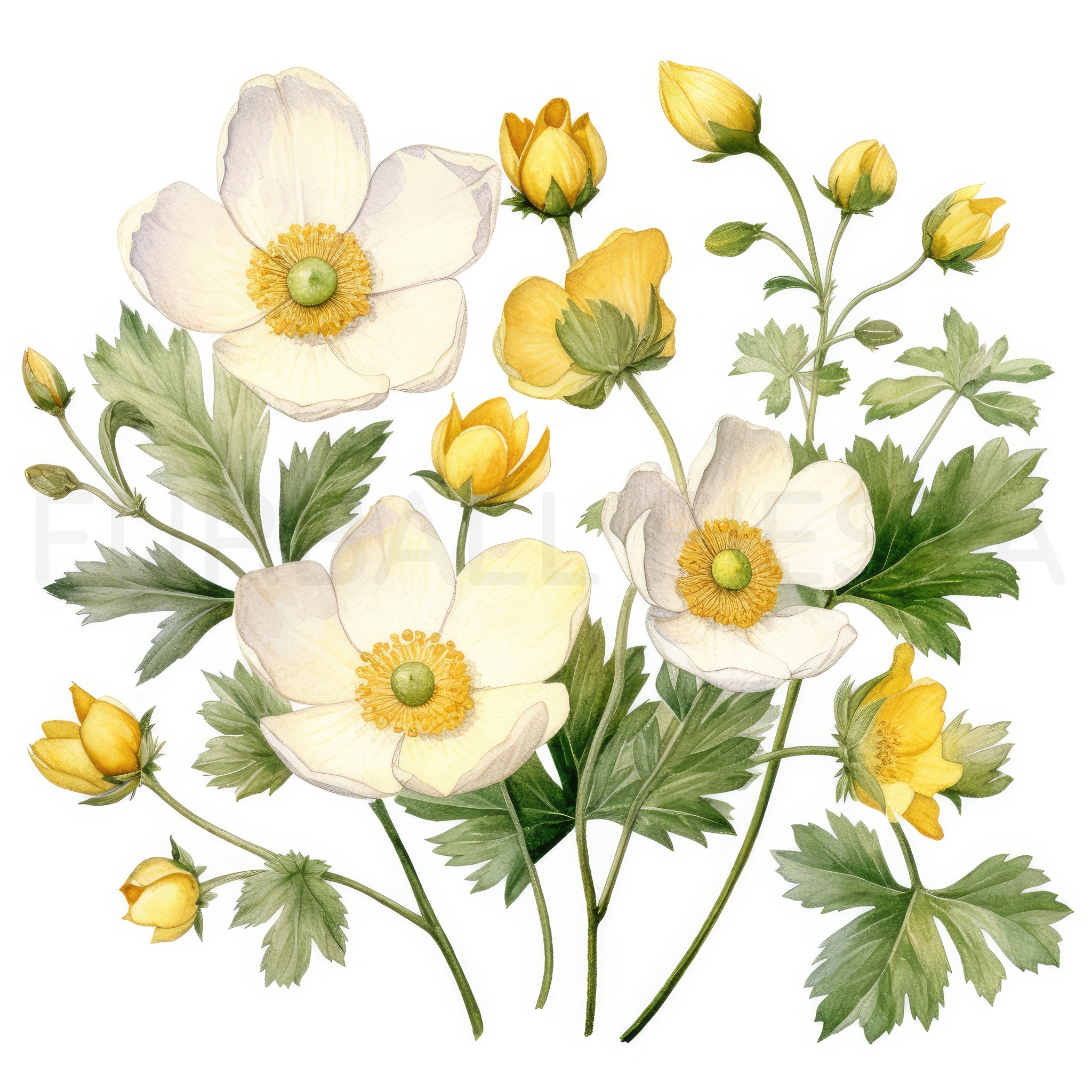 Buttercup Printable Flower Art Set 2, 10 High Quality Jpgs, Watercolor ...