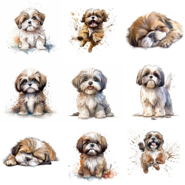 Shih Tzu Puppy Printable Dog Art, 17 High Quality JPG, PNG, Watercolor Clipart Bundle, Puppy Art Print, Digital Dog Wall Art, Commercial Use