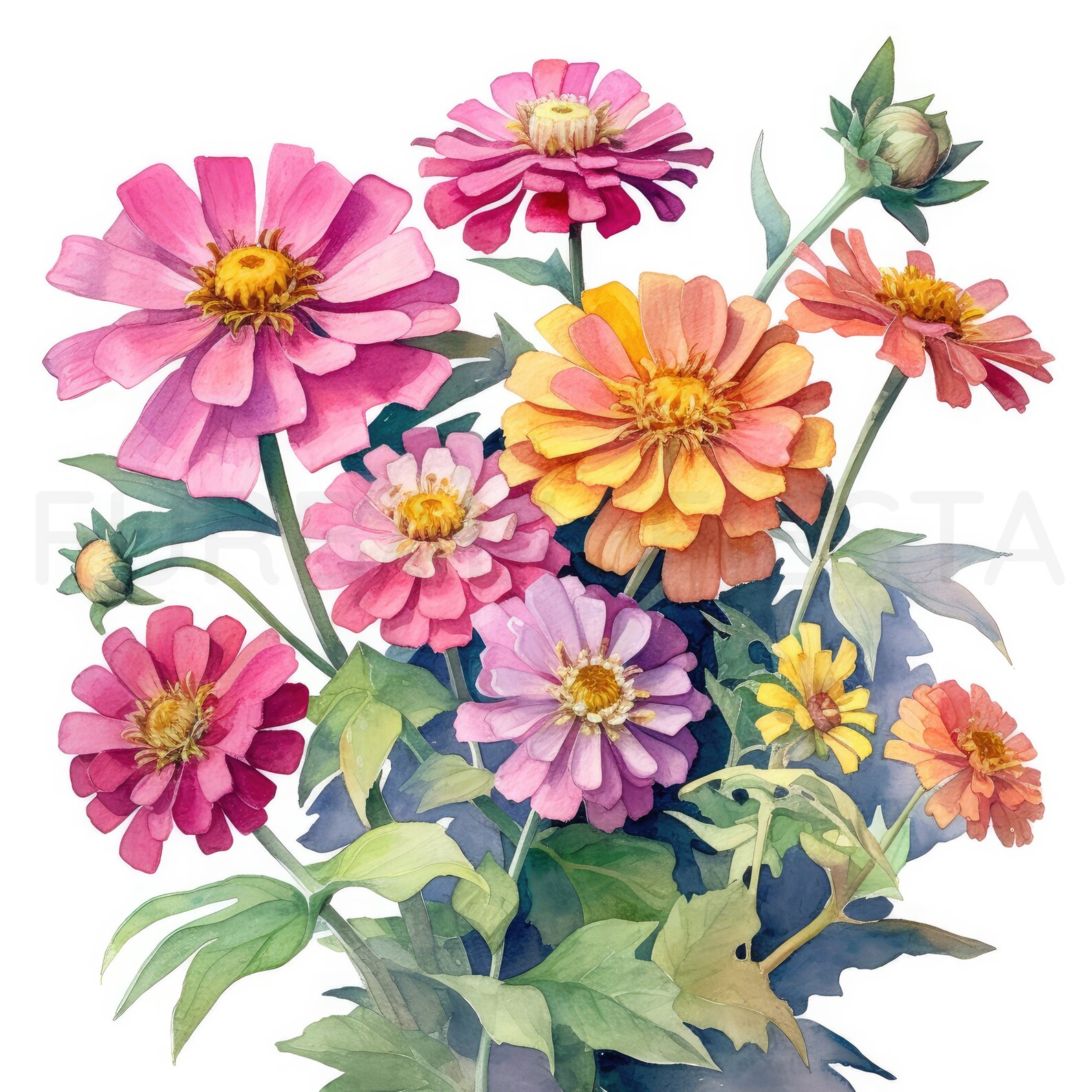 Zinnia Printable Flower Art Set 2, 10 High Quality Jpgs, Watercolor ...