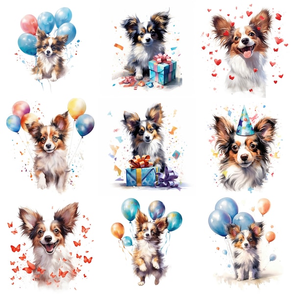 Papillon Puppy Clipart, 16 High-Quality JPGs, Watercolor, Printable Dog Art, Birthday, Card Making, Commercial Use, Digital Download