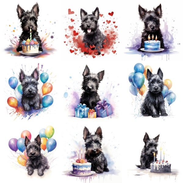 Scottish Terrier Puppy Clipart, 16 High-Quality JPGs, Watercolor, Printable Dog Art, Birthday, Card Making, Commercial Use, Digital Download