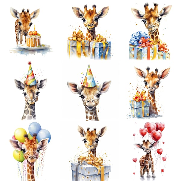 Giraffe Clipart, 16 High Quality JPG, PNG, Watercolor, Birthday Card Clipart, Card Making, Printable Art, Commercial Use, Digital Download