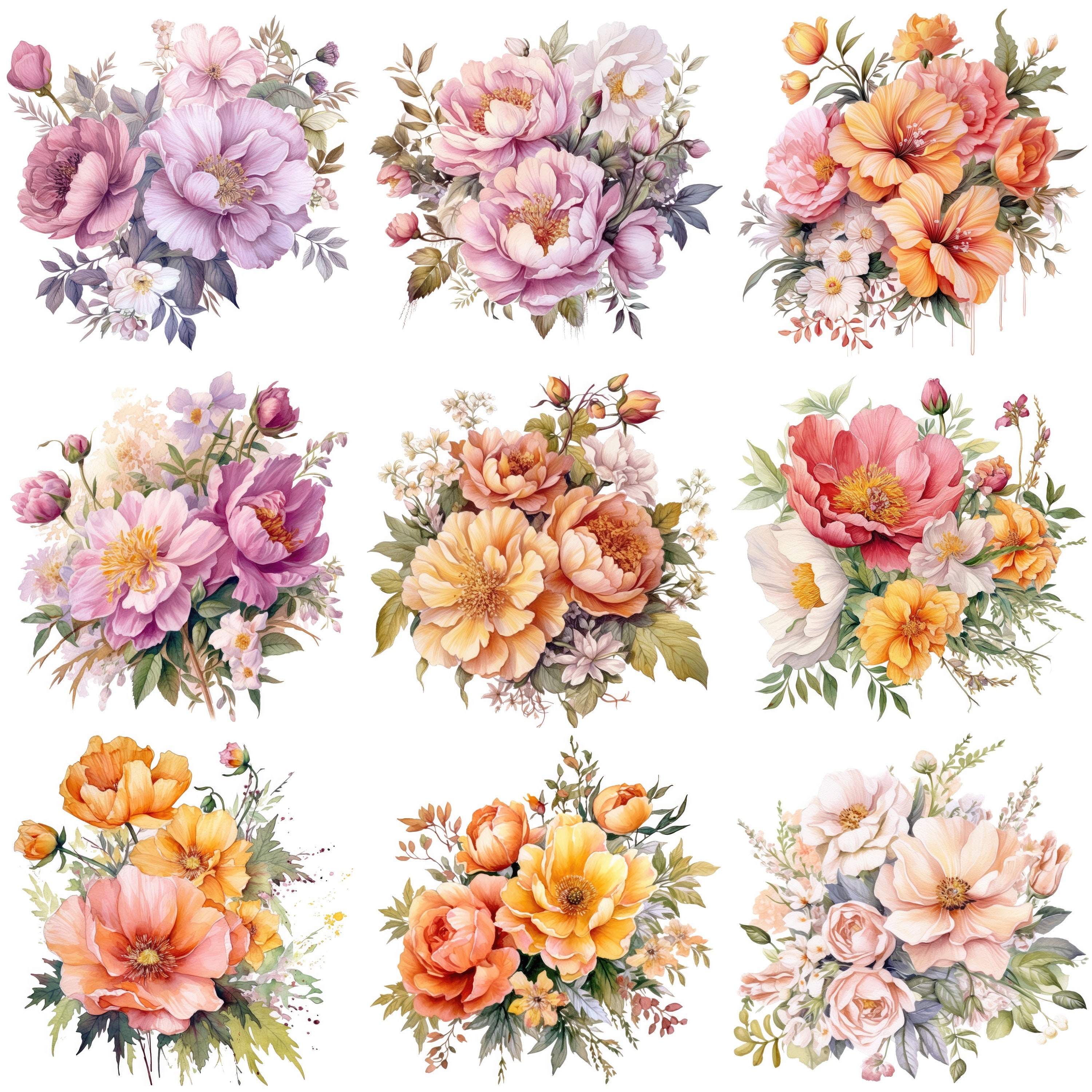 Peony Printable Flower Art Set 2, 12 High Quality Jpgs, Watercolor ...