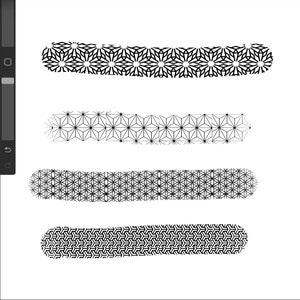May include: Four different black and white geometric patterns arranged horizontally in a row. Each pattern is a repeating design of various shapes.