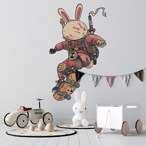Rabbit wall decal for kids room ninja wall sticker for teens street art nursery decor bunny wallpaper peel and stick for living room