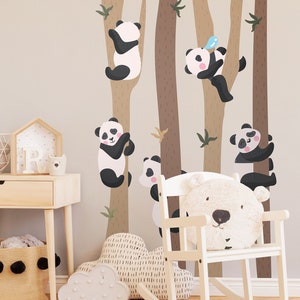 Panda op bomen, peel-and-Stick behang, verwijderbaar, kleine panda kinderkamer behang, zelfklevende muursticker, babykamer, schattige panda&#39;s