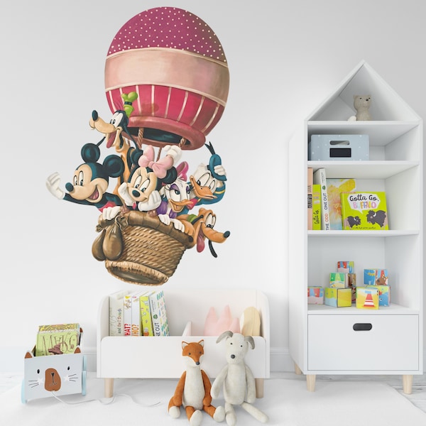 Mickey Mouse and Friends Minnie Mouse Donald Duck Daisy Goofy Pluto in Hot Air Balloon Wall Decal Kids Nursery Sticker Wallart Kidsroom