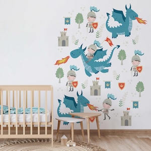 Removable Decal Dragon Wall Decal Knight Wallpaper Castle Wall Sticker Wallpaper for Boy and Baby Room Nursery Room Boy Decoration Wall Art
