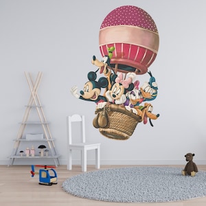 Mickey Mouse and Friends Minnie Mouse Donald Duck Daisy Goofy Pluto in Hot Air Balloon Wall Decal Kids Nursery Sticker Wallart Kidsroom