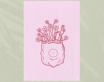 Postcard with illustration, flowers in a bag, with text "thank you" (Design 5)