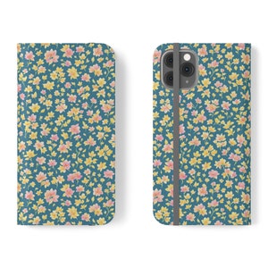 Funda tipo cartera floral para iPhone / iPhone 11, 12, 13 Mini Pro Max / Samsung Galaxy S21, S22 Plus Ultra / Tarjetero de piel vegana