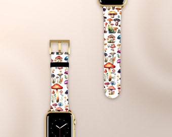 Cute Mushroom Apple Watch Band Fungi Watch Band For Series 9 8 7 Ultra Watercolor Floral Vegan Leather Vintage iWatch Strap