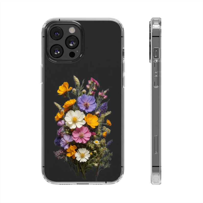 May include: A clear phone case with a black background and a bouquet of pressed flowers in shades of yellow, orange, pink, purple, and white.