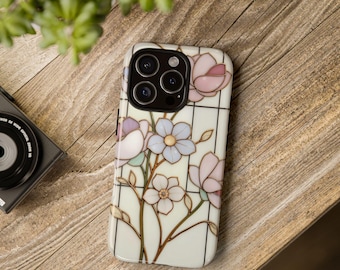 Bloemen gebrandschilderd glas iPhone 17 Pro Max-hoesje iPhone 16 Pro, Samsung Galaxy S25 Ultra S24, Google Pixel 9 schattige wilde bloemen