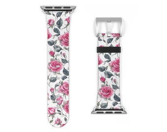 Correa floral para Apple Watch de todas las series: rosas de acuarela rosa, correa de piel sintética estilo bohemio