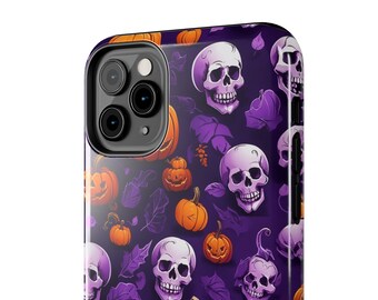 Halloween iPhone Case: Purple Skulls & Pumpkins, MagSafe Compatible