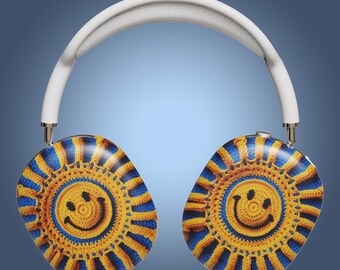 AirPods Max-covers met smileygezicht: gehaakte print, geel