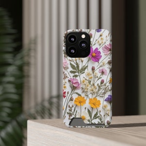 Coque de portable fleurs pressées avec porte-cartes pour iPhone 13 Pro Max Mini, Galaxy S22 Ultra, compatible MagSafe, floral léger esthétique
