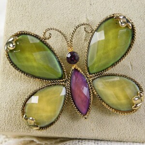 Gold Tone and Plastic Gem Butterfly Brooch