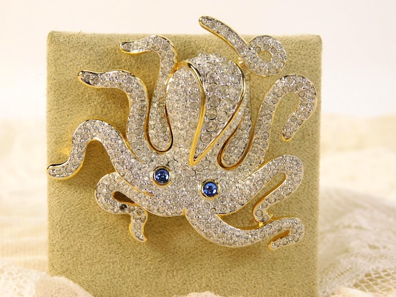 Gold Tone Octopus Rhinestone Brooch