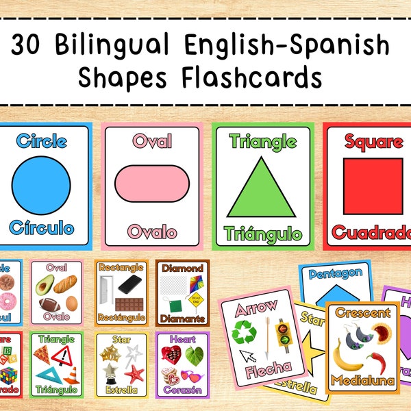 Printable Spanish English Shapes Flashcards - Educational Homeschool Kindergarten Bilingual Digital Montessori Classroom Card