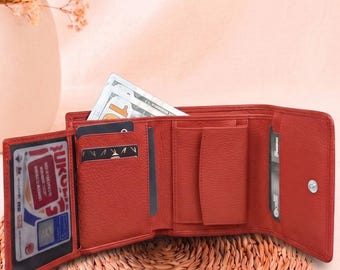 Personalized Red Leather Womens Trifold Wallet  Card Holder with Coin Purse  Engraved Name
