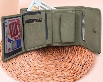 Womens Leather Small Trifold Wallet - Personalized with Card Slots Coin Pocket