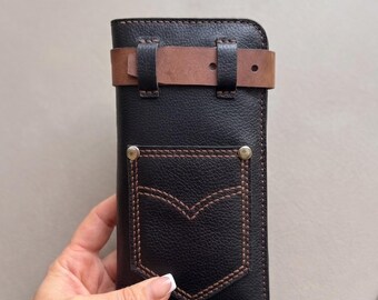 Bifold Black Leather Wallet for Women Full Grain Long Phone Card Organizer