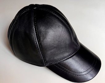 Black Lamb Leather Baseball Cap, Adjustable Unisex Dad Hat