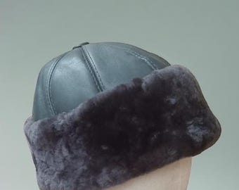 Bonnet d'hiver en peau de mouton retournée fait main - Bonnet en cuir unisexe