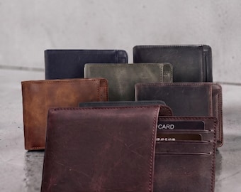 Mens Personalized Full Grain Leather Wallet | Brown Bifold with Coin Pocket - Card Holder