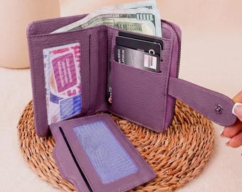 Personalized Leather Wallet Women Slim,Small Bifold Coin Purse,Custom Engraved
