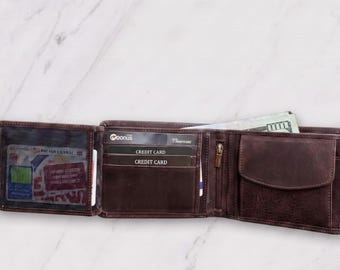 Full Grain Leather Bifold Wallet,10 Card Slots with Zippered Coin Pocket, Men's Gift