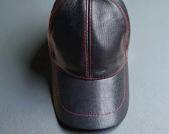 Genuine Leather Baseball Cap, Black Leather Hat with Red Stitching